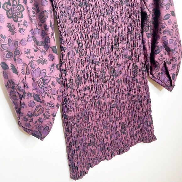 Free People Smock It To Me Mini Dress Puff Sleeve Plum Floral Size XS NEW - Picture 5 of 9